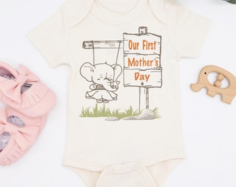 Our First Mother's Day Baby Bodysuit, Organic Baby Clothes, First Mother's Day Gift from baby, 1st Mom's Day, Baby Elephant, New Mom Gift