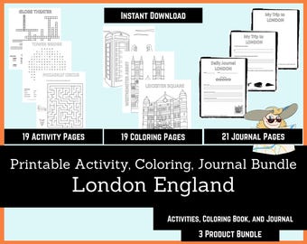 Printable Activities For Kids, Coloring Book, Journal Bundle -  London England, coloring pages, puzzles, children and adults, staycation