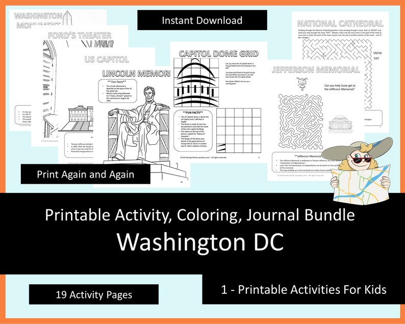 Printable Activities For Kids, Coloring Book, Journal Bundle Washington DC, coloring pages, puzzles, children and adults, staycation image 2