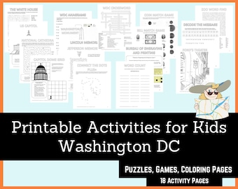 Printable Activities For Kids - Washington DC , Homeschool, Travel Play, Crossword Puzzle, Coloring Pages, Word Search, Connect the Dots