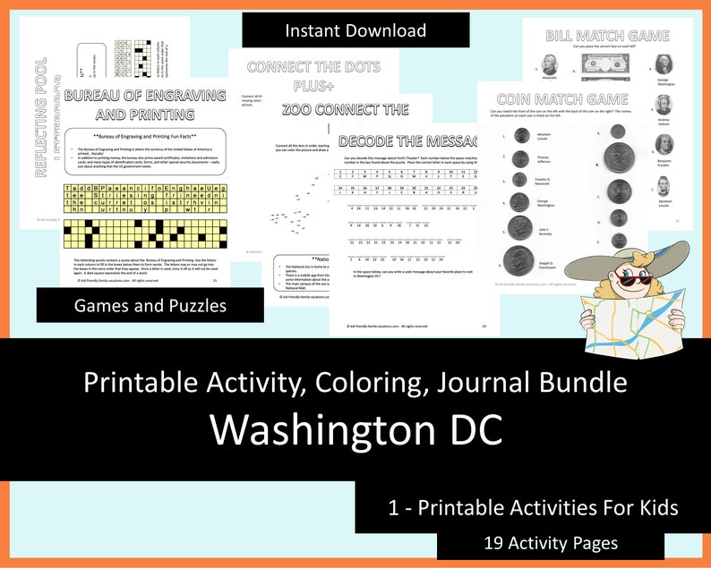 Printable Activities For Kids, Coloring Book, Journal Bundle Washington DC, coloring pages, puzzles, children and adults, staycation image 4