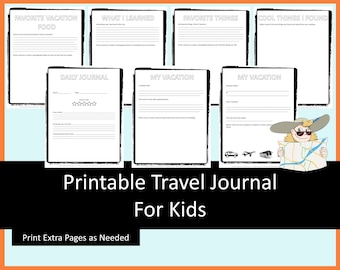 Printable Travel Journal for kids -black, vacation journal digital, kids travel journal, road trip journal, kids travel activities