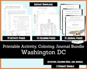 Printable Activities For Kids, Coloring Book, Journal Bundle -  Washington DC, coloring pages, puzzles, children and adults, staycation