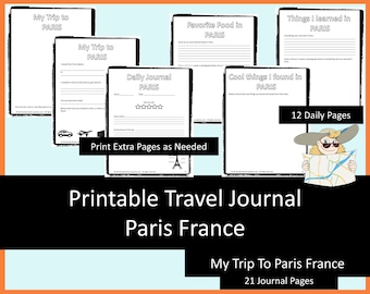 Paris Printable Travel Journal for Kids, journal pages for tip to paris, kids travel activities, kids travel journal, road trip journal