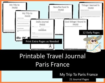 Paris Printable Travel Journal for Kids, journal pages for tip to paris, kids travel activities, kids travel journal, road trip journal