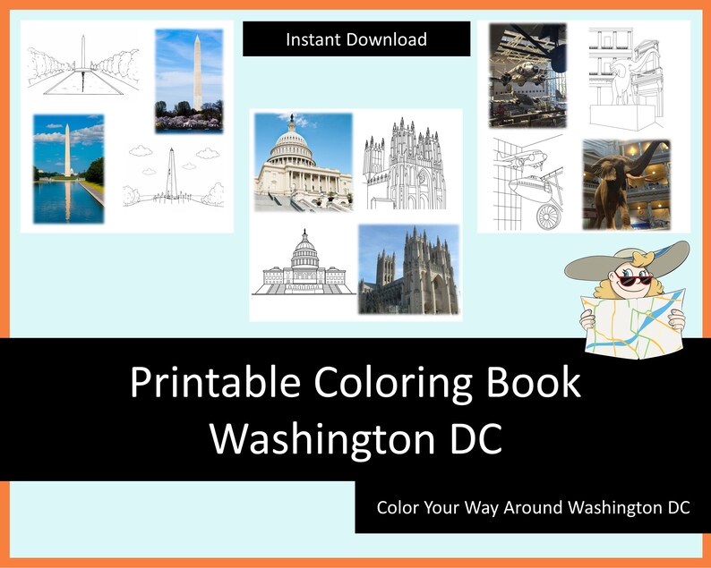 Washington DC trip kids travel coloring pages, printable coloring kids travel activities, homeschool printables, digital coloring book image 3