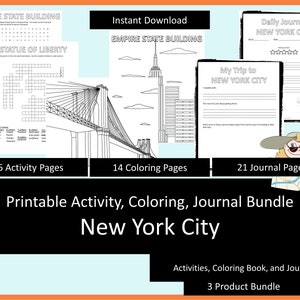 Actividades imprimibles para niños, libro para colorear, diario - Nueva York, juegos de viaje, páginas para colorear, rompecabezas, diario, vacaciones en casa