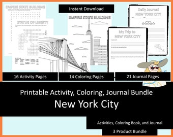 Printable Activities For Kids, Coloring Book, Journal Bundle -  New York City, Travel Games, Coloring Pages, Puzzles, journal, staycation