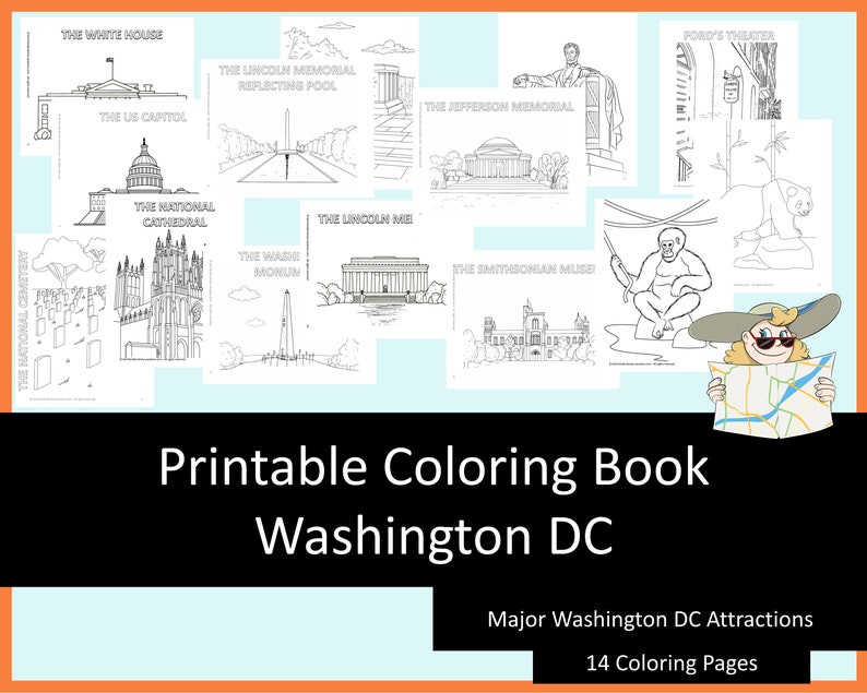 Washington DC trip kids travel coloring pages, printable coloring kids travel activities, homeschool printables, digital coloring book image 1