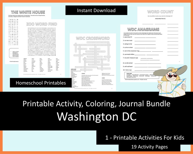 Printable Activities For Kids, Coloring Book, Journal Bundle Washington DC, coloring pages, puzzles, children and adults, staycation image 3