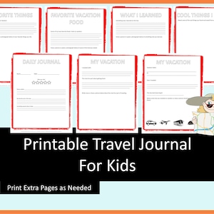 Printable Travel Journal for kids - Red Border, vacation journal pages, trip journal, travel diary, journal prompts, printable for journal