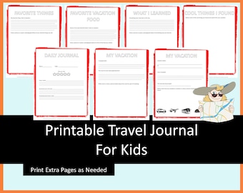 Printable Travel Journal for kids - Red Border, vacation journal pages, trip journal, travel diary, journal prompts, printable for journal