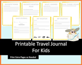 Printable Travel Journal for kids - yellow, vacation journal digital, kids travel journal, road trip journal, kids travel activities