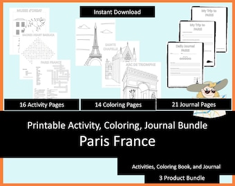 Printable Activities For Kids, Coloring Book, Journal Bundle -  Paris France, coloring pages, puzzles, children and adults, staycation