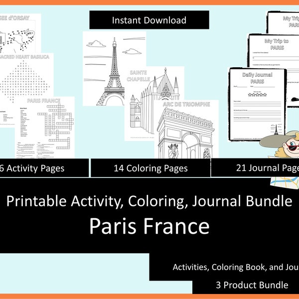 Printable Activities For Kids, Coloring Book, Journal Bundle -  Paris France, coloring pages, puzzles, children and adults, staycation