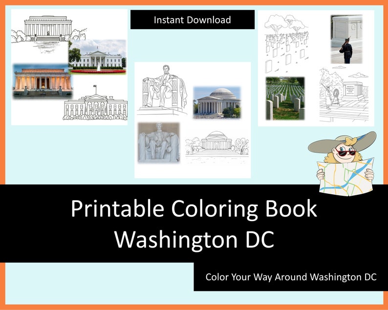 Washington DC trip kids travel coloring pages, printable coloring kids travel activities, homeschool printables, digital coloring book image 2