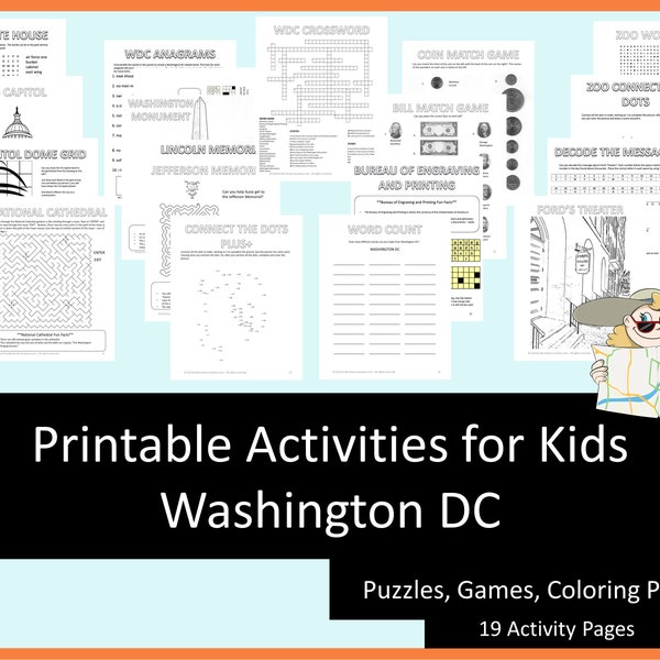 Printable Activities For Kids - Washington DC , Homeschool, Travel Play, Crossword Puzzle, Coloring Pages, Word Search, Connect the Dots