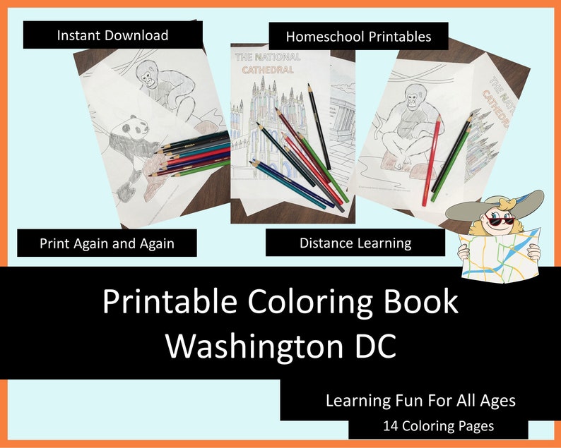 Washington DC trip kids travel coloring pages, printable coloring kids travel activities, homeschool printables, digital coloring book image 4