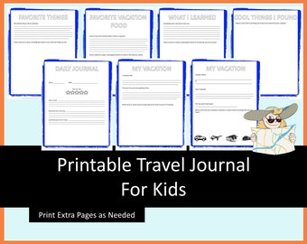 Printable Travel Journal for kids -blue, vacation journal digital, kids travel journal, road trip journal, kids travel activities