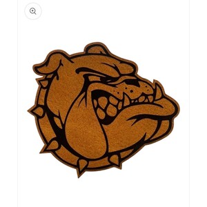 May include: A brown, textured bulldog head graphic with black outlines and details. The bulldog is wearing a spiked collar and has a fierce expression with visible teeth. The design is flat and features a consistent, grainy, metallic-like finish.