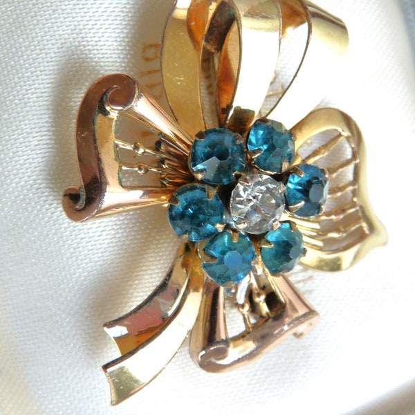 Gold Filled Brooch ~ Harry Iskin ~ Signed ~ Mid 20th Century ~ 1/20 12K G.F. ~ Aqua and Clear Rhinestones