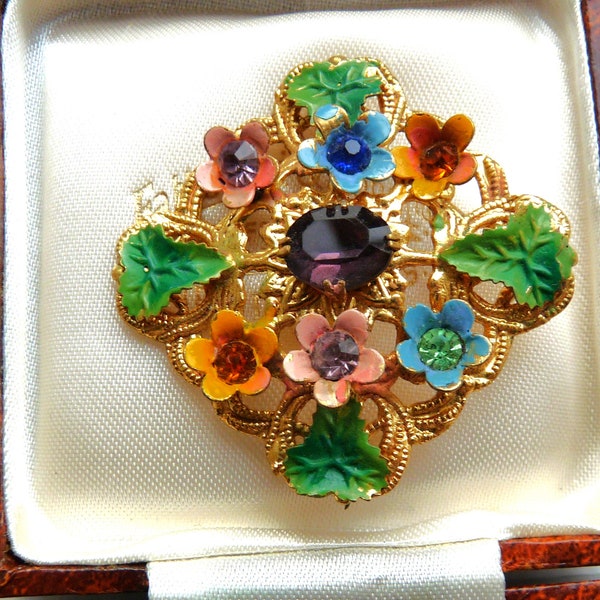 Czech Brooch with Glass Amethyst Flowers Leaves Multi Colours