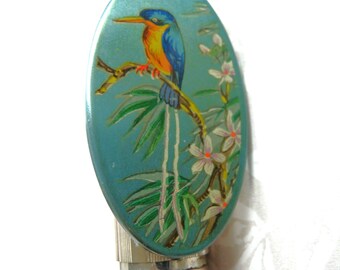 KIGU Lipstick Holder and Mirror ~ Enamel Front ~ Kingfisher Kookaburra Bird and Flowers ~ Mid 20th Century