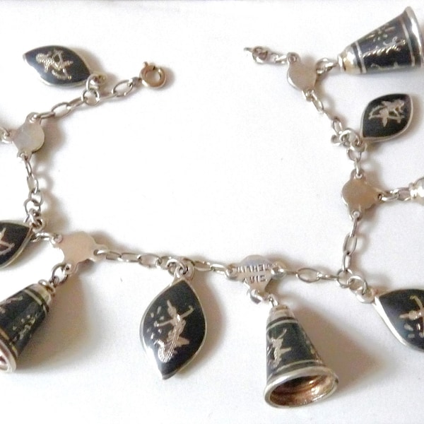 SIAM Sterling Silver Nielloware Charm Bracelet with Bells ~ Thai Goddess