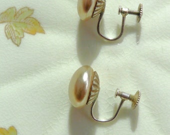 Sterling Silver Art Deco Faux Pearl Earrings ~ Screwbacks ~ Non Pierced