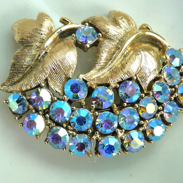 1940s Brooch ~ Blue Rainbow Glass and Gold Plated Leaves