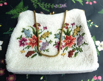 Vintage White Beaded and Floral Evening Cocktail Wedding Bag with Snake Chain Handle