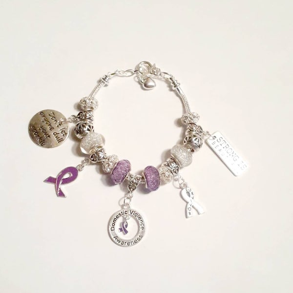 Pandora Style Domestic Violence Awareness Charm Bracelet