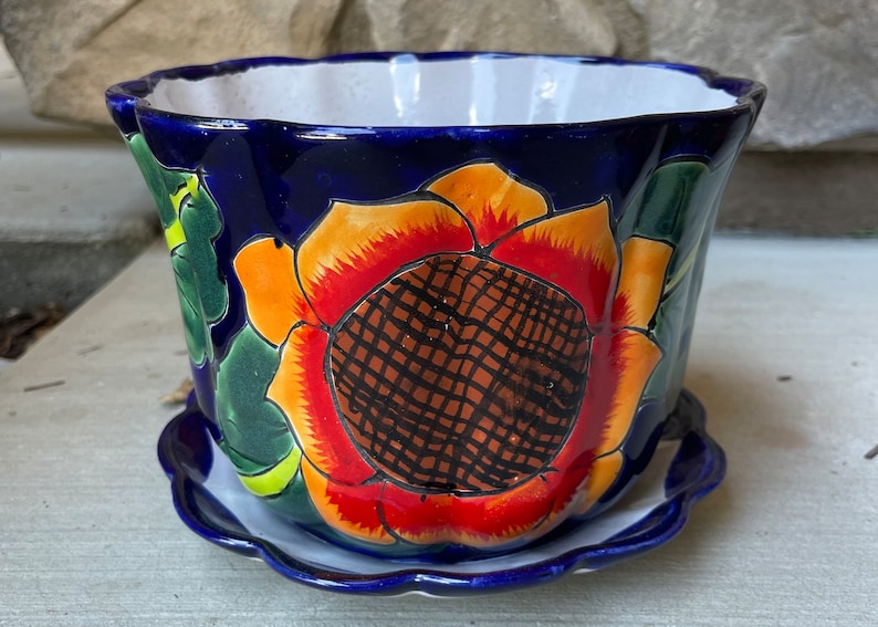 Sunflower Planters Talavera Cobalt Blue Rim With Green Leaves Etsy