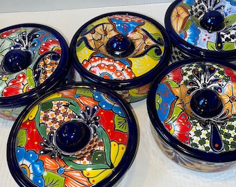 Calentador de tortillas de Talavera pintado a mano: Plato mexicano para servir en azul cobalto