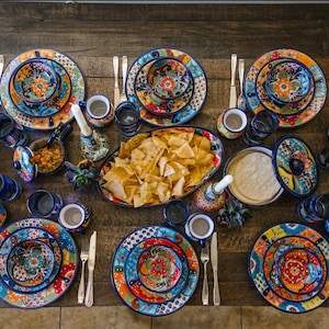 Dinnerware 35 Piece Mexican Talavera Set. Seating for 8 Vibrant Dishes with Floral Patterns, Lead Free, Heat Safe