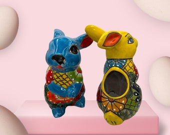 Talavera Rabbits Planter ceramic beautiful cute floral multicolored with flowers.