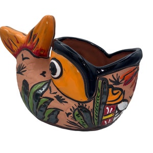Terracotta big mouth fish Planter so cute with alot personality love hand painted sunflowers and butterflies and desert scene beautiful