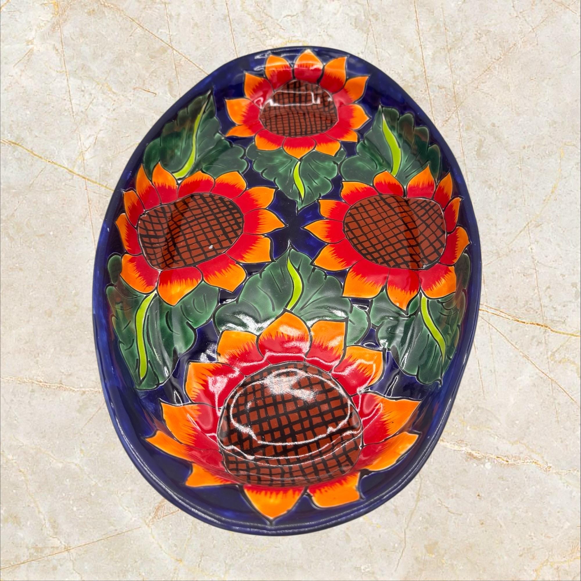 ひまわりの皿 大きなオレンジ コバルトブルー 手描きタラベラ - Etsy 日本