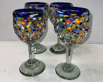 Traditional Fiesta Wine Glasses Blue Rim with Rock and Pebbled Glass hand blown 16 oz