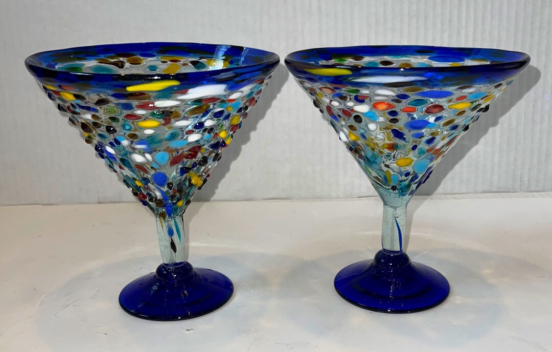 Martini Glasses Sets Rock Fiesta Pebble Hand Blown Mexican Beautiful 7x 5.5  Extra Large Glasses Sturdy Holds 15 Oz 