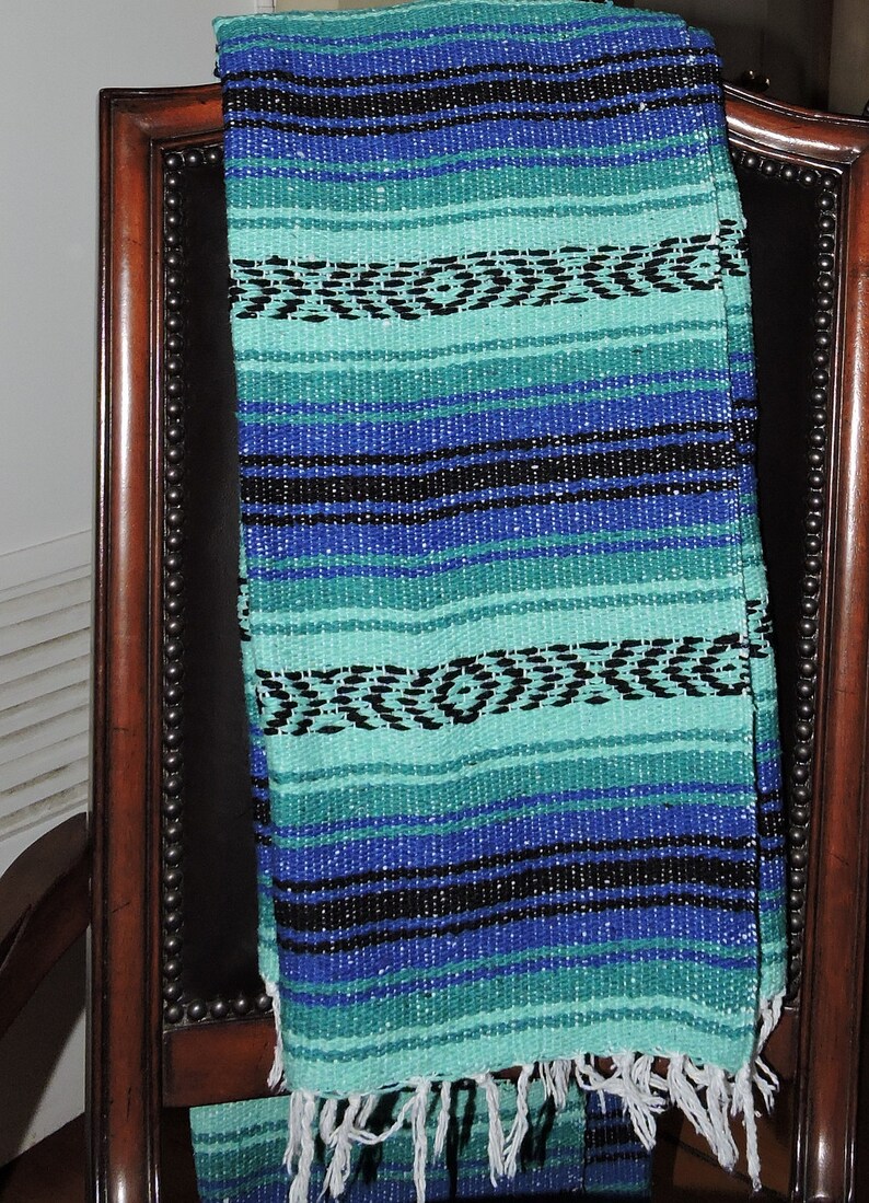 Handmade Mexican Blanket Falsa Turquoise Blue and mint green Etsy