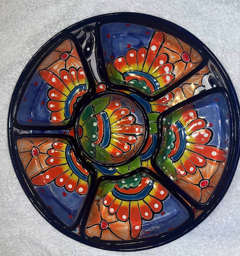 Appetizer Tray Talavera Mexican Folk Art Cobalt Blue Multicolored Chip Dip Platter 7 Pc Handcrafted in Mexico 12.5 beautiful image 2