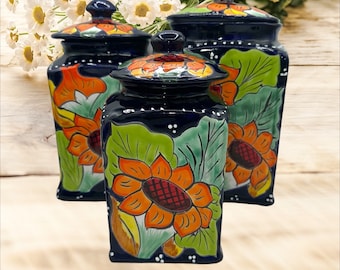 Canister set of 3 Large Cobalt blue  and green leaves  Hand Painted Hand crafted beautiful XL