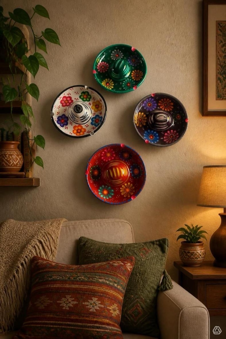 May include: Four circular ceramic wall plates shaped like miniature sombreros, each featuring a unique hand-painted floral pattern in vibrant colors including green, white, black, and red, arranged in a diamond formation on a wall.