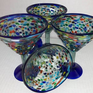 Martini glasses Hand blown blue rim and stand  pebble 7”X 5.5” Elegant Glass very Beautiful holds 16 oz