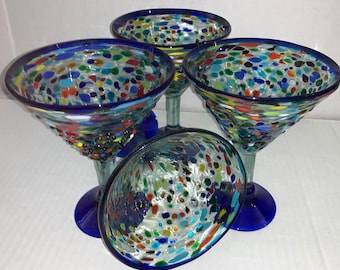 Martini glasses Hand blown blue rim and stand  pebble 7”X 5.5” Elegant Glass very Beautiful holds 16 oz