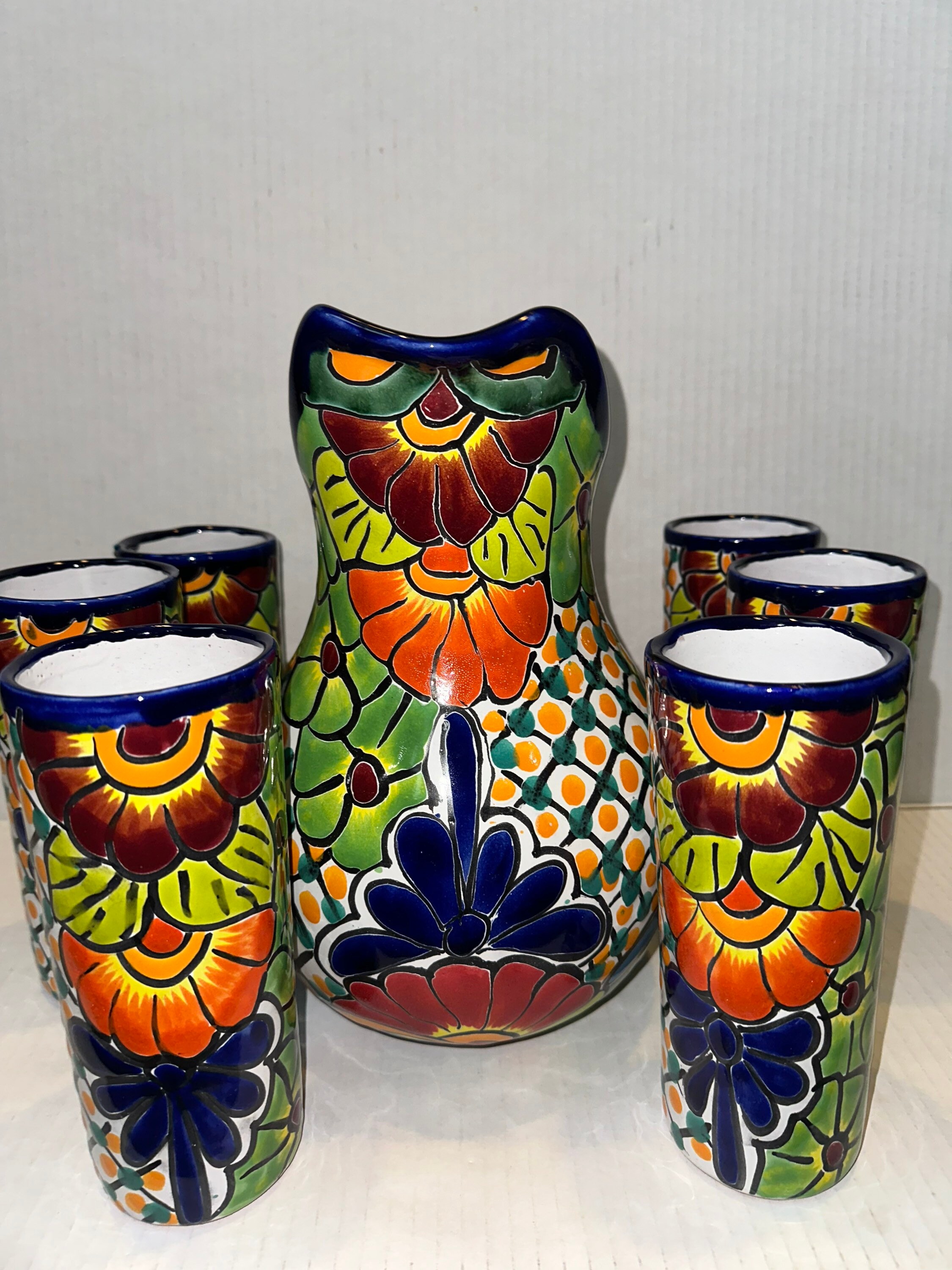 Talavera Ceramic Pitcher & Tumblers Set: Hand-painted Mexican