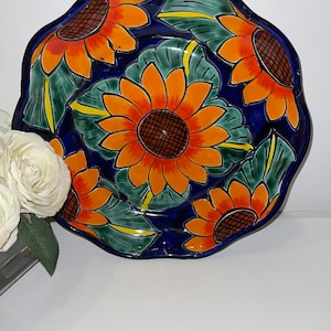 Talavera Plate ribbon rim sunflowers orange, green leaves cobalt blue 1 Ribboned 12&quot; plate