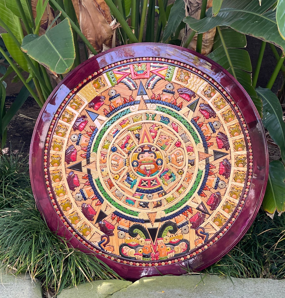 Wood Hand Carved Calendar Rare Mosaic Aztec Mayan Piece Art Unique ...