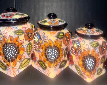 Terracotta Sunflowers Canister Set 3 Piece black rim and floral design Handcrafted hand painted XL